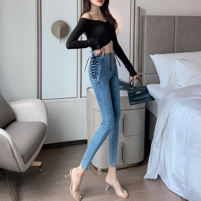 Women's high waist tie jeans