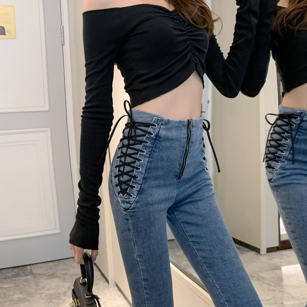 Women's high waist tie jeans