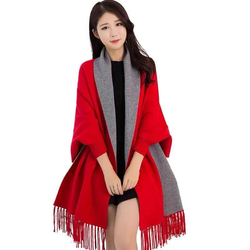 Winter Black Poncho Women With Sleeve Shawls And Wraps Pashmina Navy Red Thicken Scarf Stoles Warm Reversible Ponchos And Capes