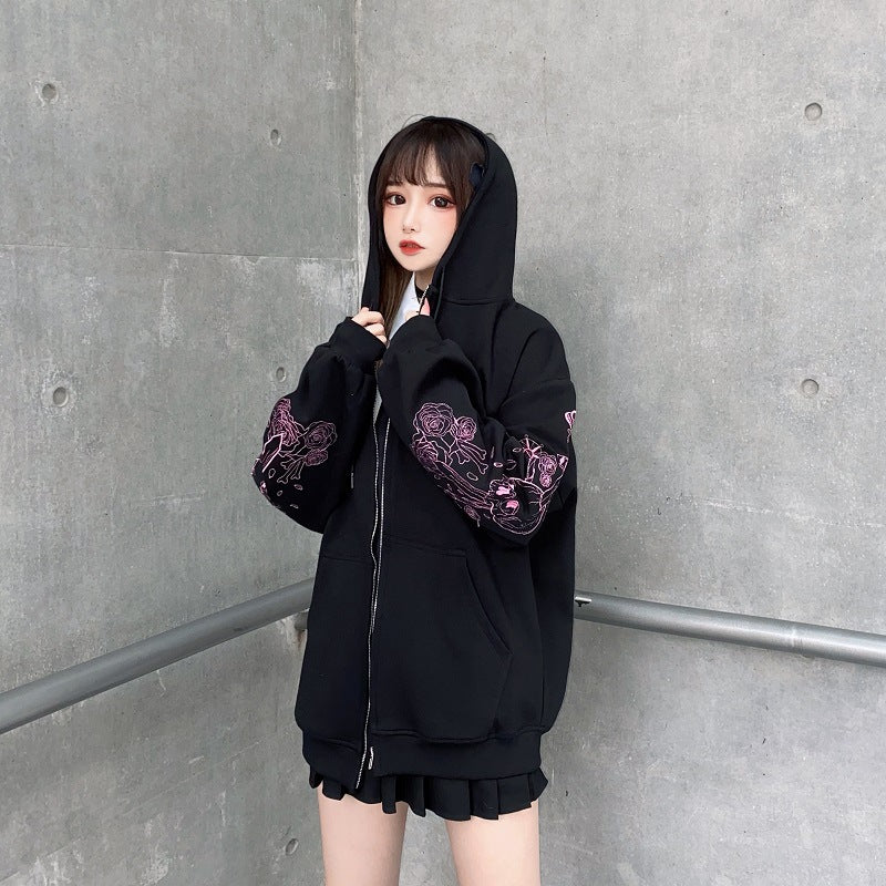 Cross-border trade Korean style European and American women's printed zipper hoodie retro black coat sweatshirt hair