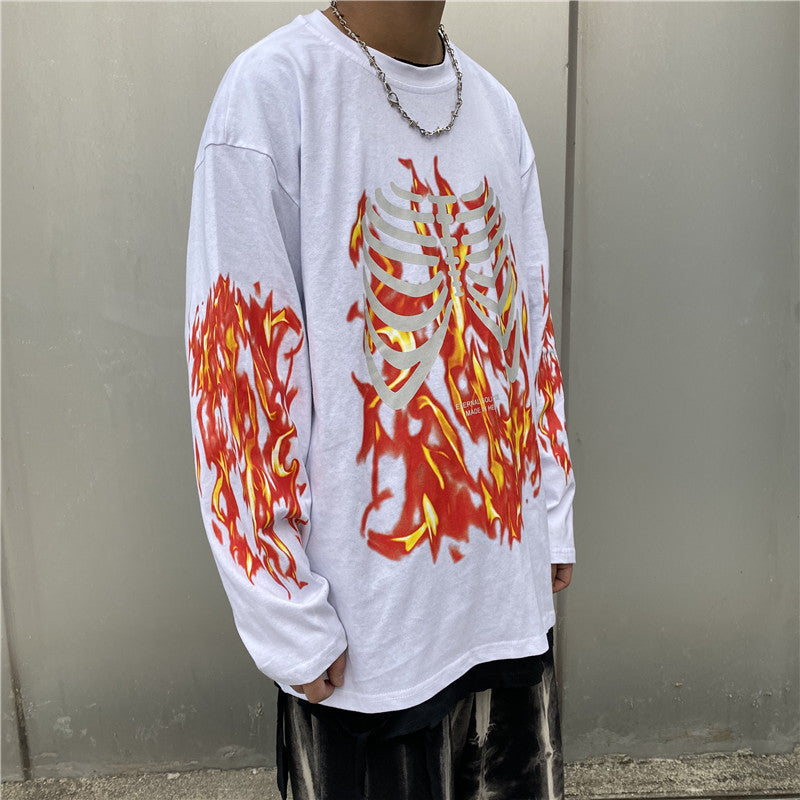 Flame skull print long sleeve T-shirt for men