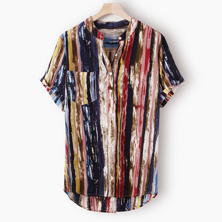 Mens Strip Print Short Sleeve Shirt Top