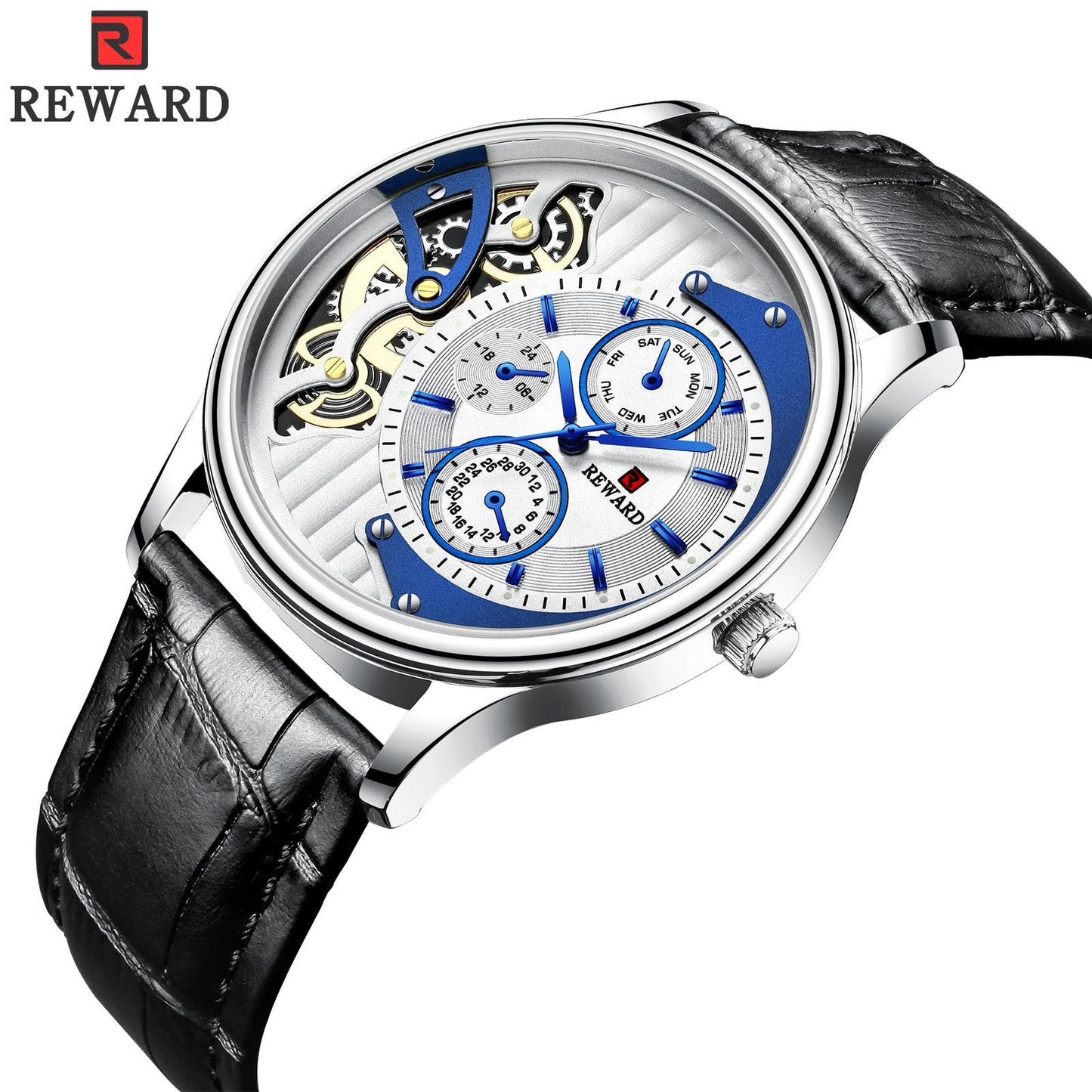 RORIOS Fashion Men Watch Leather Starp Watch Calendar Multifunction with stainless steel case