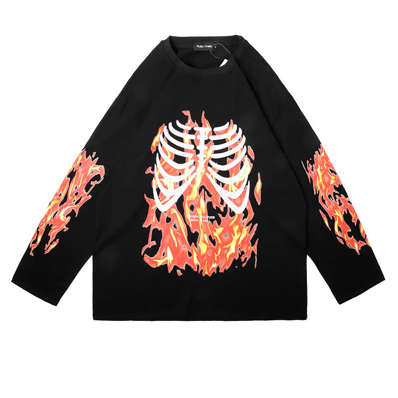 Flame skull print long sleeve T-shirt for men