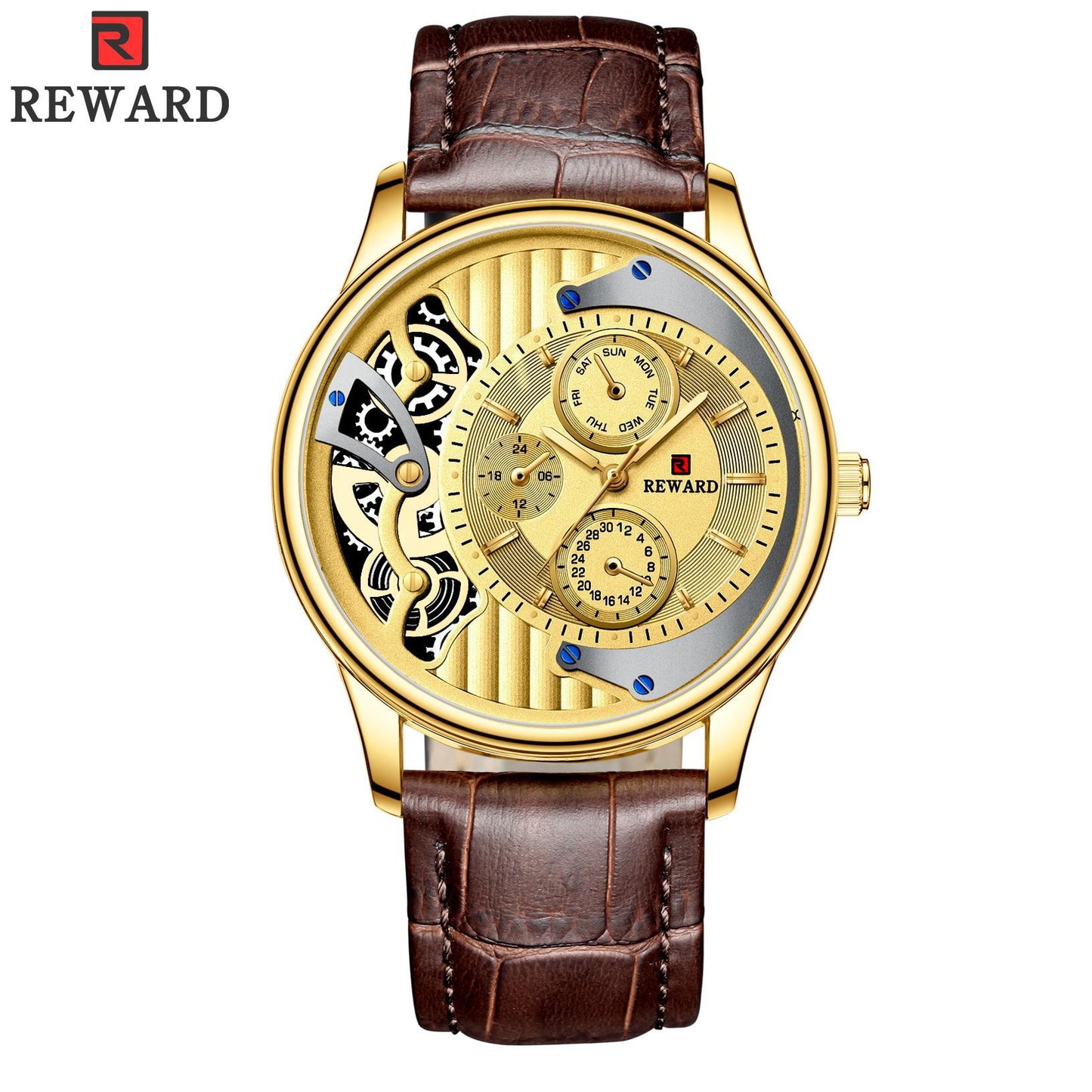 RORIOS Fashion Men Watch Leather Starp Watch Calendar Multifunction with stainless steel case