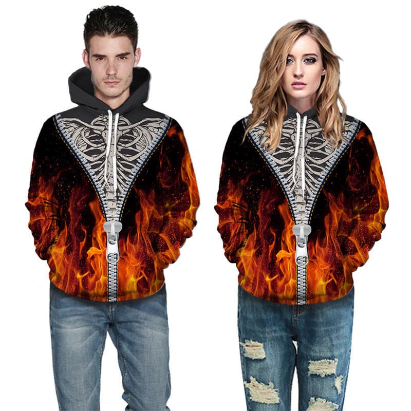 Flame skull 3d print hooded sweatshirt