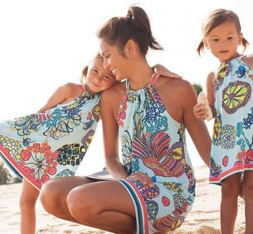 Bright Floral Matching Party Dresses for Mother Daughter