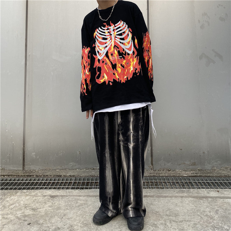 Flame skull print long sleeve T-shirt for men