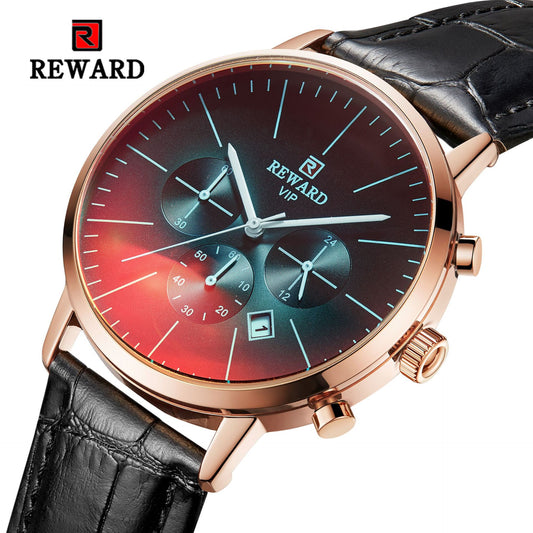 Man's Watches, L'ananas Change Color Glass # Small Dials Calendar Date Display Genuine leather wristwatches