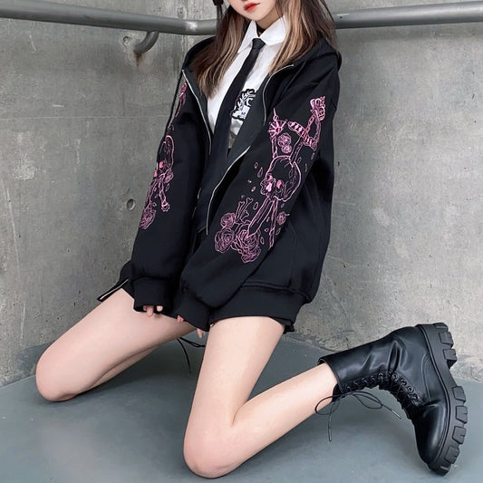 Cross-border trade Korean style European and American women's printed zipper hoodie retro black coat sweatshirt hair