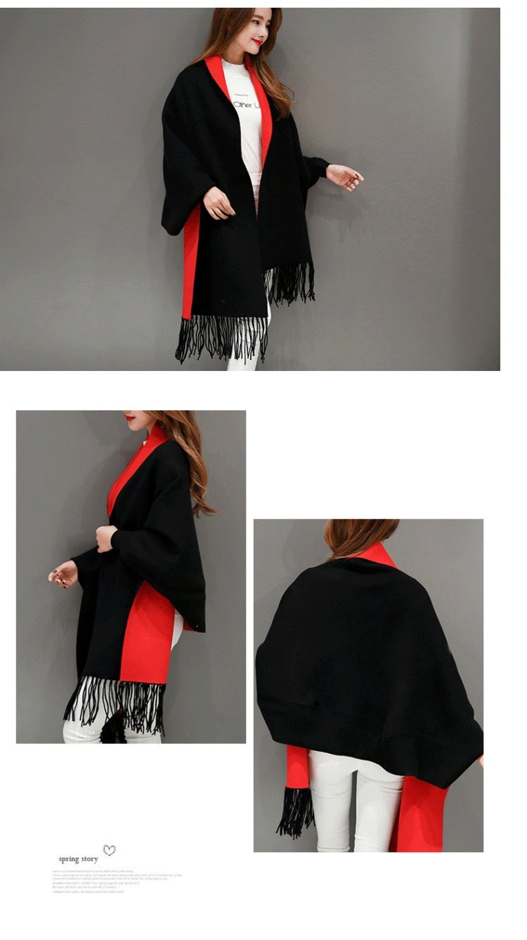 Winter Black Poncho Women With Sleeve Shawls And Wraps Pashmina Navy Red Thicken Scarf Stoles Warm Reversible Ponchos And Capes