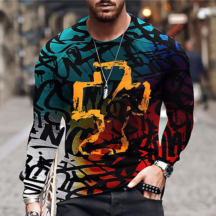 Printed T-shirt With Round Collar And Long Sleeves For Men