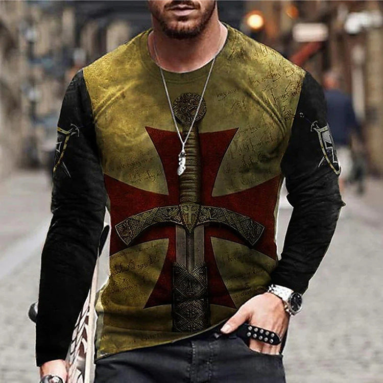 Printed T-shirt With Round Collar And Long Sleeves For Men