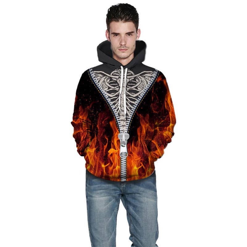 Flame skull 3d print hooded sweatshirt