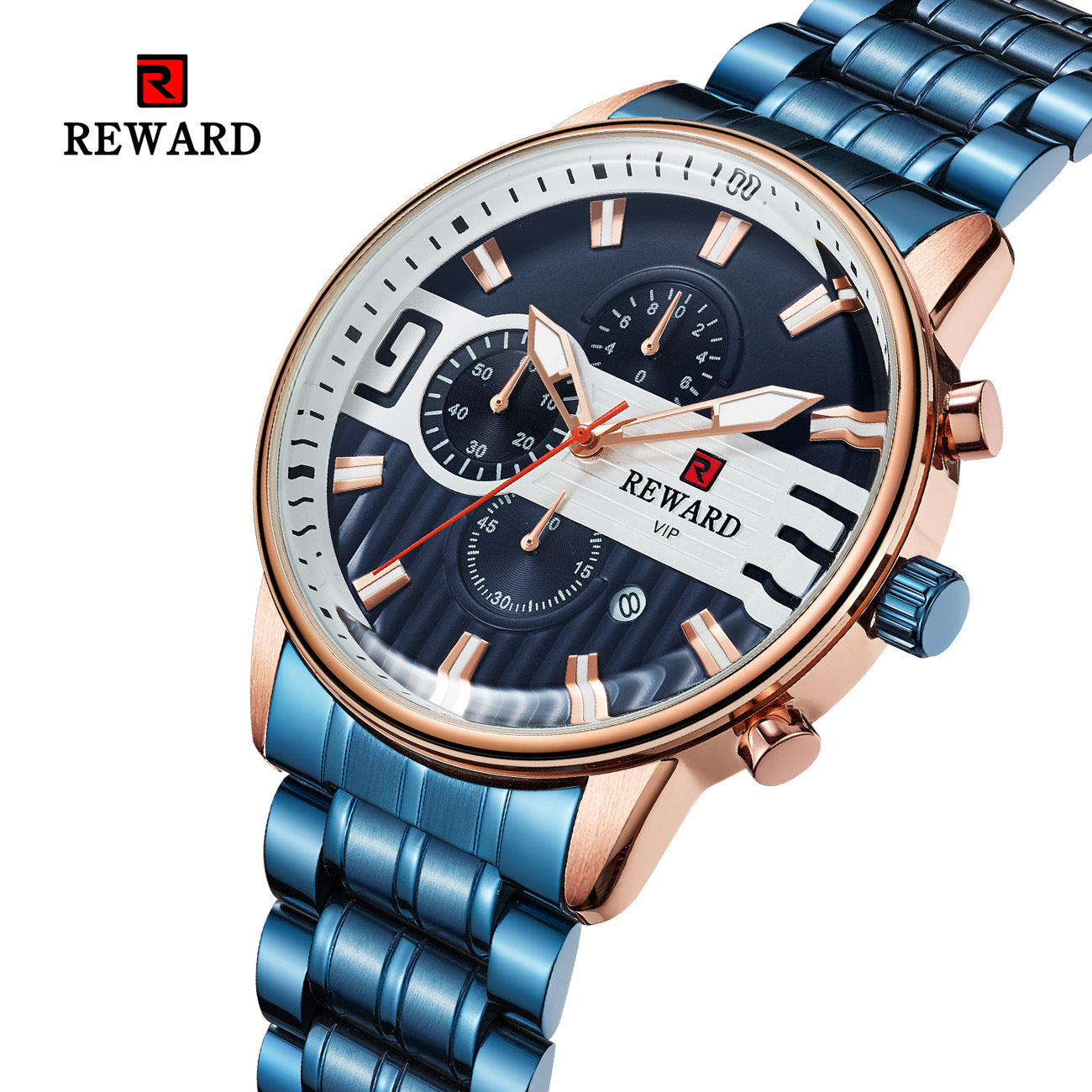 Men's Watches Fashion Waterproof Analog Quartz Watch Date Chronograph Blue Stainless Steel Band Black Dial