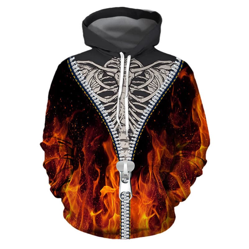 Flame skull 3d print hooded sweatshirt