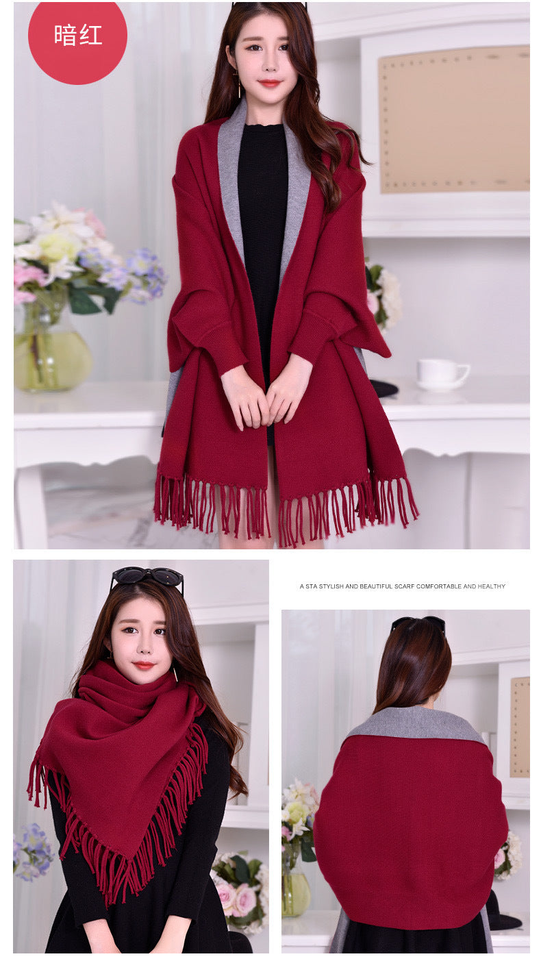 Winter Black Poncho Women With Sleeve Shawls And Wraps Pashmina Navy Red Thicken Scarf Stoles Warm Reversible Ponchos And Capes