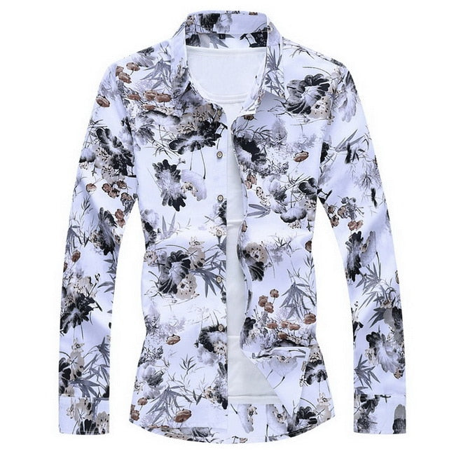 Men&#39;S Fashions 2022 Autumn Spring Clothes Shirt  Long Sleeves  Big Size M-5XL 6XL 7XL Hawaiian Beach Casual Floral Shirt For Man