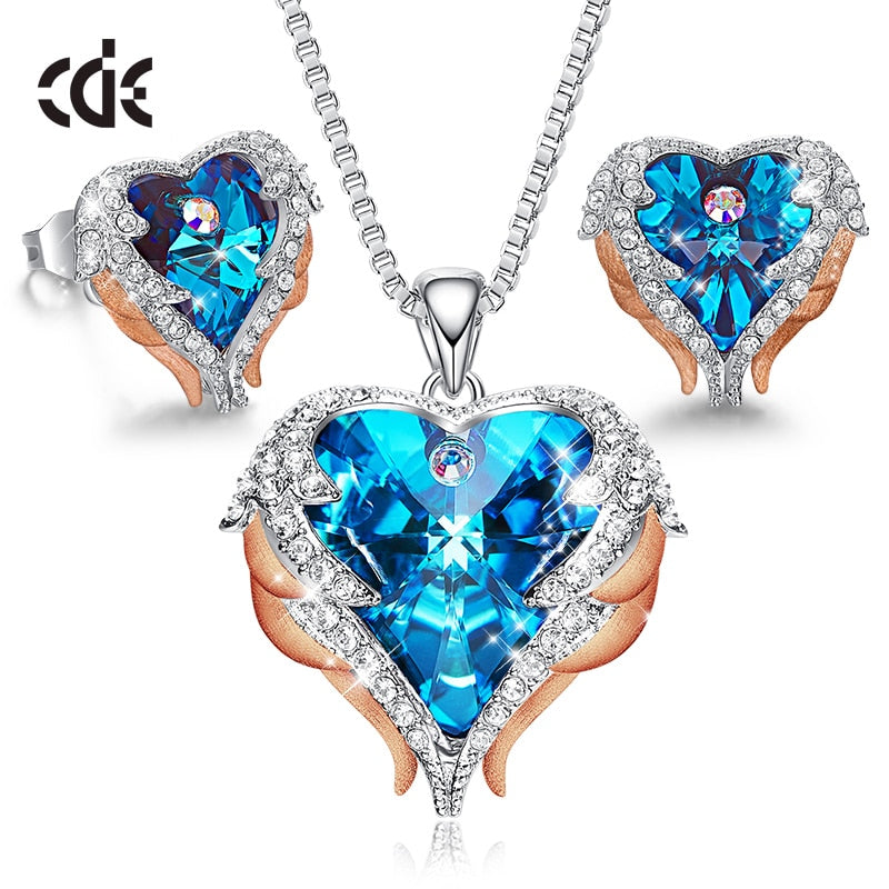 CDE Women Necklace Earrings Jewelry Set Embellished With Crystals Women Heart Pendant Stud Fashion Jewelry Gift