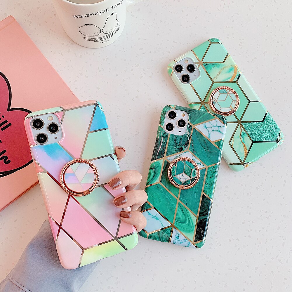 LACK Plating Geometric Marble Ring Stand Phone Case For iphone 13 Cute Flowers Cases For iphone 12Pro XR X XS 11 7 8Plus Cover