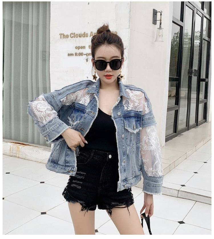 New Summer Long Sleeve Large Size Jeans Jackets Women's Coat Loose Lace Stitching Perspective Top Jacket Ladies Denim Coat