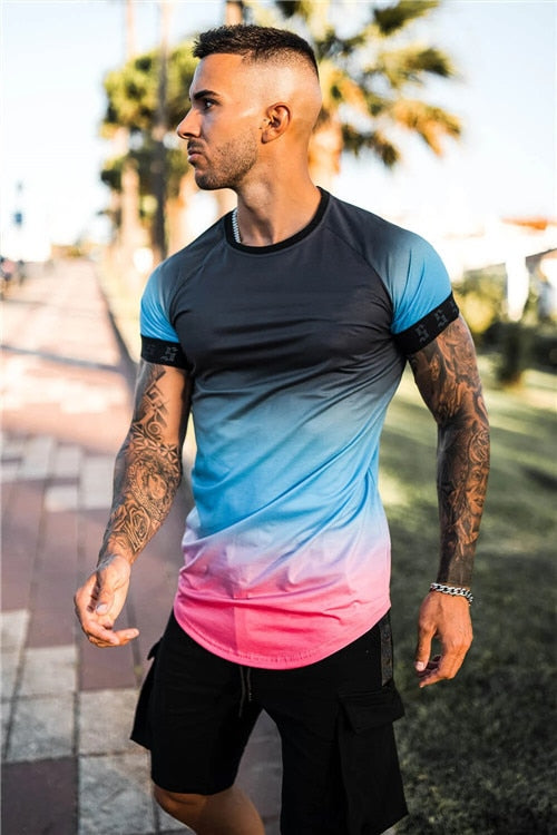 new brand men's stylish cool T-shirt, men's casual style striped hip-hop short sleeve street element printed top, wholesale