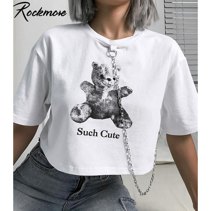 Rockmore Animals Printed Chain Tshirts Crop Tops Short Sleeve T Shirts Women White Streetwear Basic Tee Shirts Black