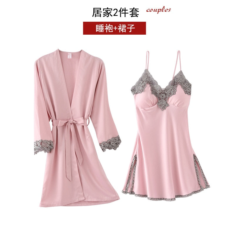 5PC Silk Robe Sleep Suit Womens Lace Satin Pajamas Gown Set V-Neck Cami Nighties Wear Pijama Home Nightwear Spring Nightdress