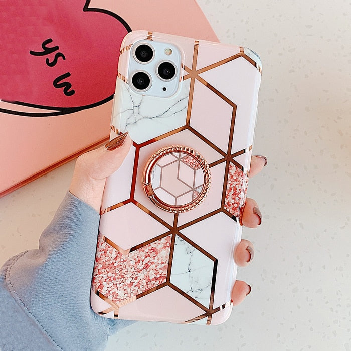 LACK Plating Geometric Marble Ring Stand Phone Case For iphone 13 Cute Flowers Cases For iphone 12Pro XR X XS 11 7 8Plus Cover