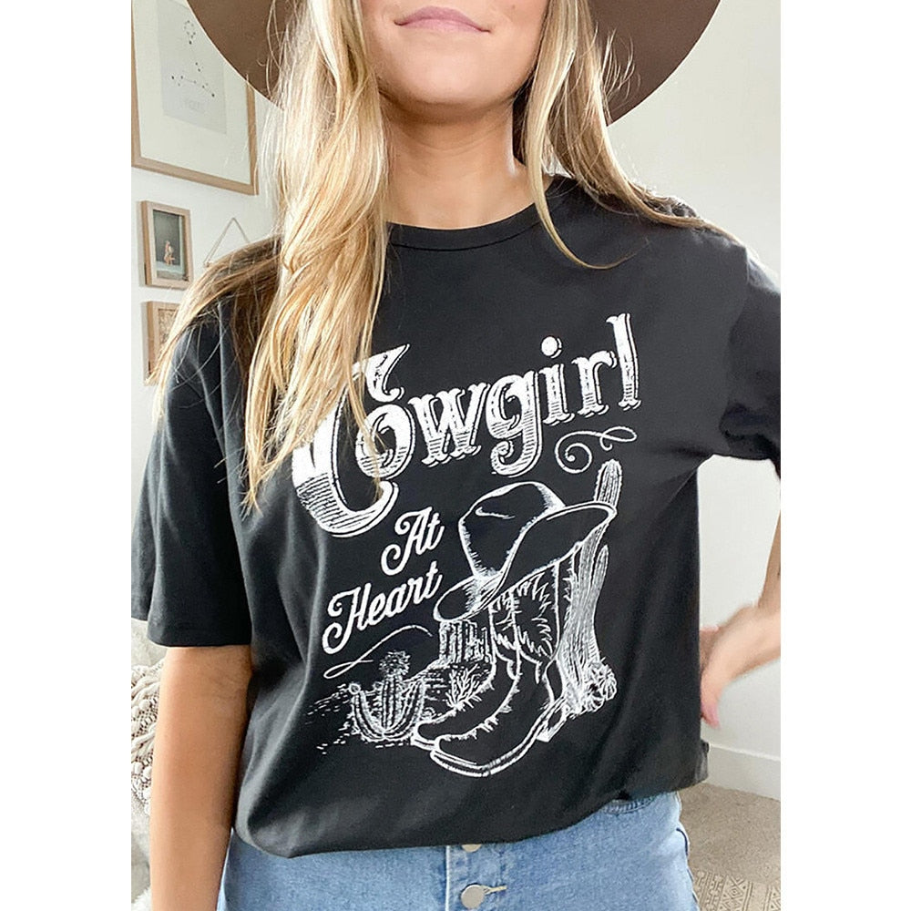 Cowgirl At Heart Print Summer Women Harajuku Tshirts Cute Cactus Hat Riding Boots Graphic Oversized Tops Female Vintage Clothes