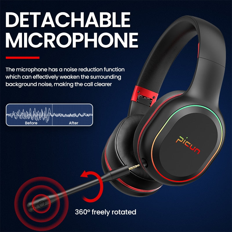 Picun P80X Wireless Headphones For Cellphone Gamer Low-Latency Bluetooth Headset, With RGB Light, HIFI Stereo Vibration Sound