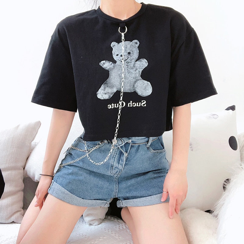 Rockmore Animals Printed Chain Tshirts Crop Tops Short Sleeve T Shirts Women White Streetwear Basic Tee Shirts Black