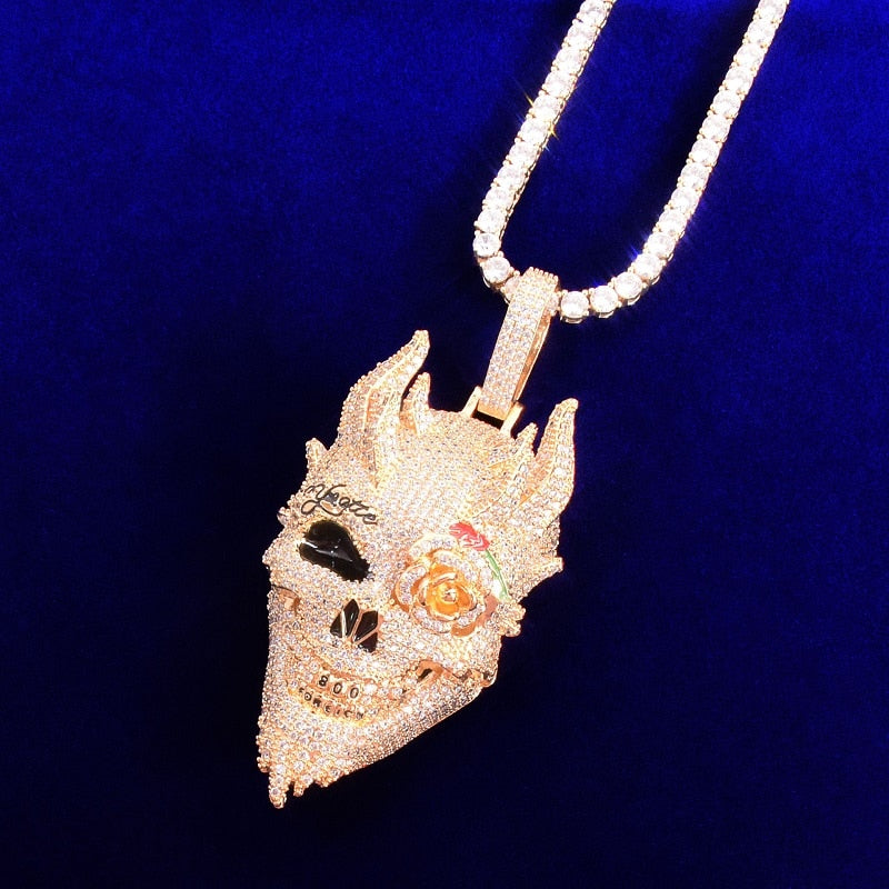 Skull Men&#39;s Pendant Cubic Zircon Gold Color Plated Hip Hop Necklace Rock Jewelry