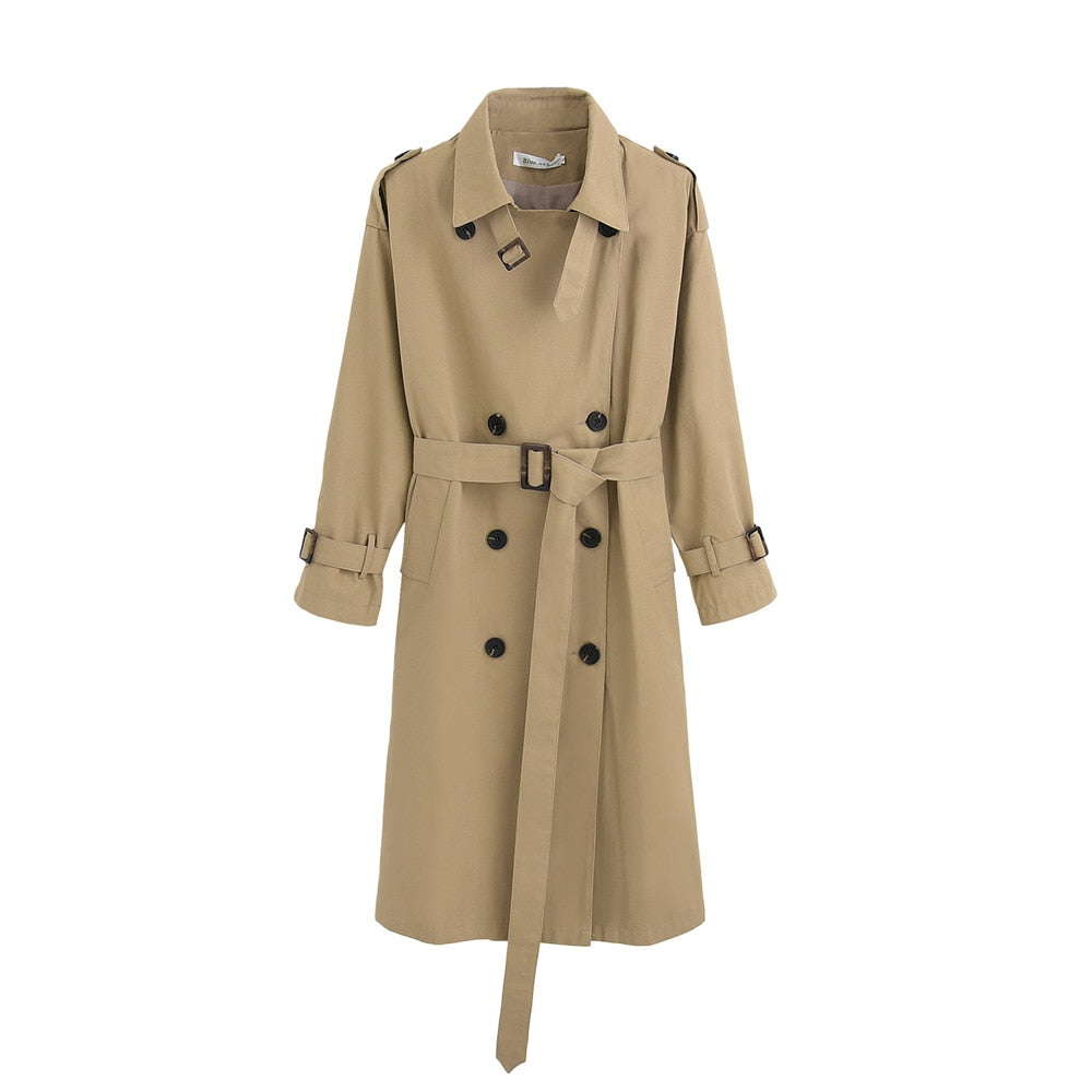 Fashion Brand New Women Trench Coat Long Double-Breasted Belt Blue Khaki Lady Clothes Autumn Spring Outerwear Oversize Quality