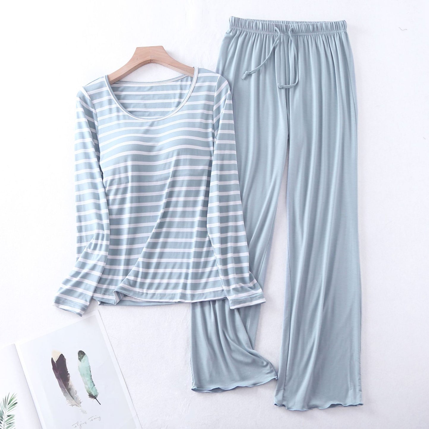 Womens Sleepwear Bra Pad Pajamas Set Stripe For Women Long Sleeve Autumn Winter Pijamas Casual Loose Ladies Set Pyjama Suit Home