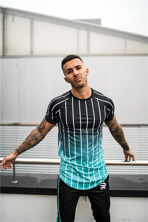 new brand men's stylish cool T-shirt, men's casual style striped hip-hop short sleeve street element printed top, wholesale