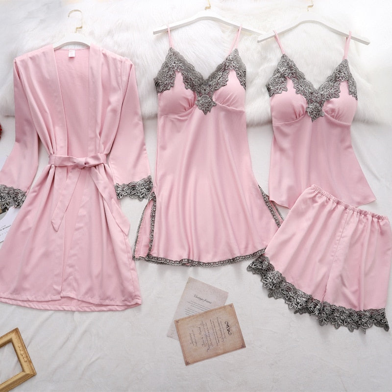 5PC Silk Robe Sleep Suit Womens Lace Satin Pajamas Gown Set V-Neck Cami Nighties Wear Pijama Home Nightwear Spring Nightdress