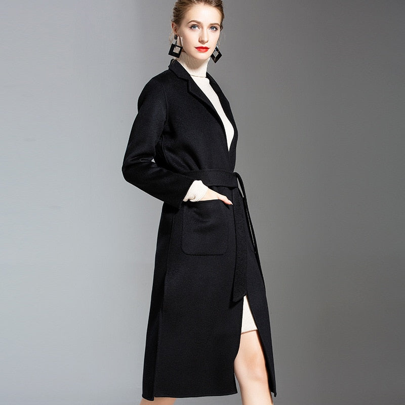 European and American water wave cashmere coat women&#39;s 2019 new medium and long winter wool coat double-sided women&#39;s cloth coat