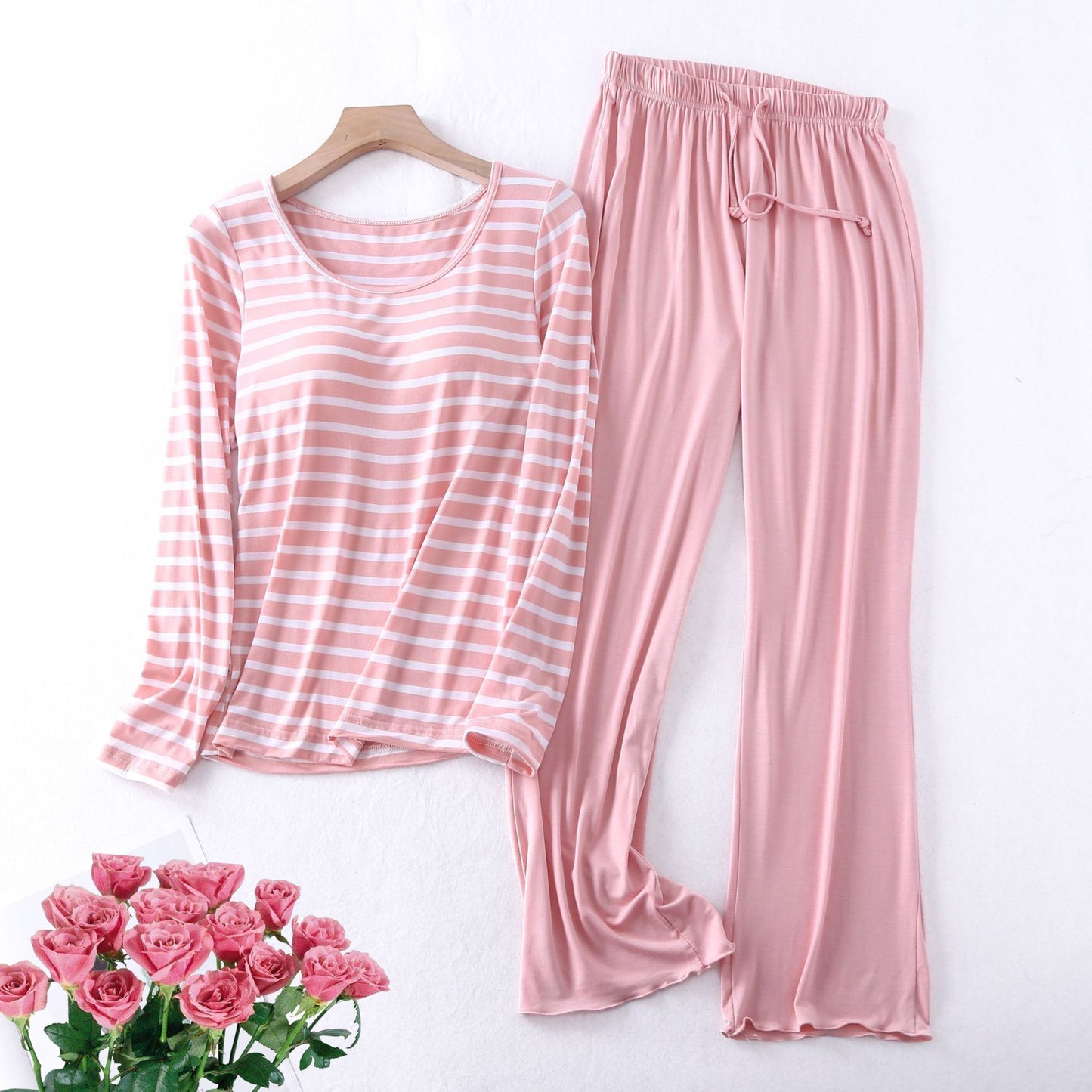 Womens Sleepwear Bra Pad Pajamas Set Stripe For Women Long Sleeve Autumn Winter Pijamas Casual Loose Ladies Set Pyjama Suit Home