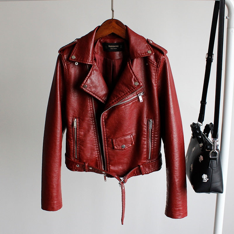 New 2022 Fashion Women's Leather Jacket Female PU Leather Jacket Motorcycle Coat Slim Faux Leather Jacket Black Red Coat