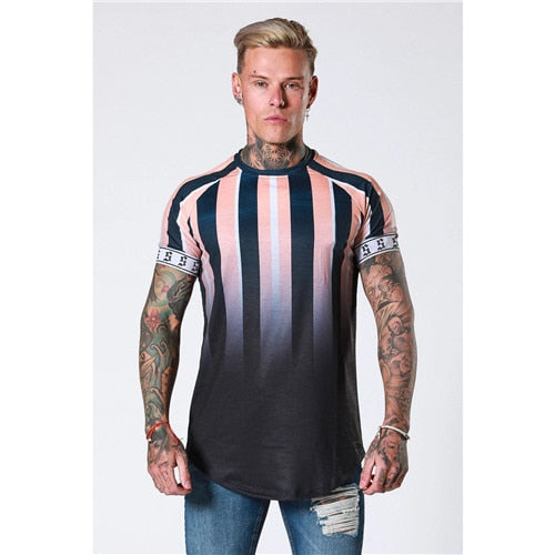 new brand men's stylish cool T-shirt, men's casual style striped hip-hop short sleeve street element printed top, wholesale