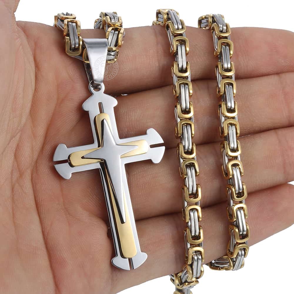 Men&#39;s Cross Necklace Gold Color Black Cross Pendant Stainless Steel Byzantine Chain Necklace 2020 Hip Hop Male Jewelry KP180