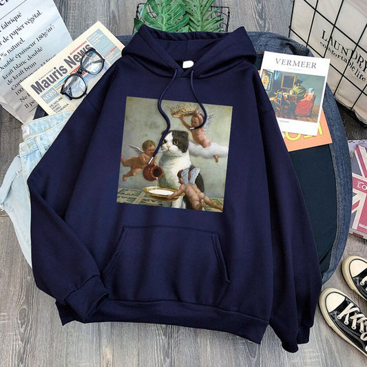 Cat And Angel Kawaii Comic Prints Woman Hooded Hip Hop Simple Hoody Comfort And Leisure Hoodie Spring 2021 Trendy Women Hoodies