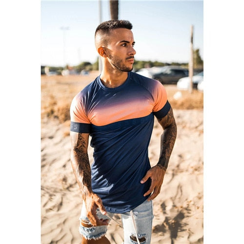 new brand men's stylish cool T-shirt, men's casual style striped hip-hop short sleeve street element printed top, wholesale