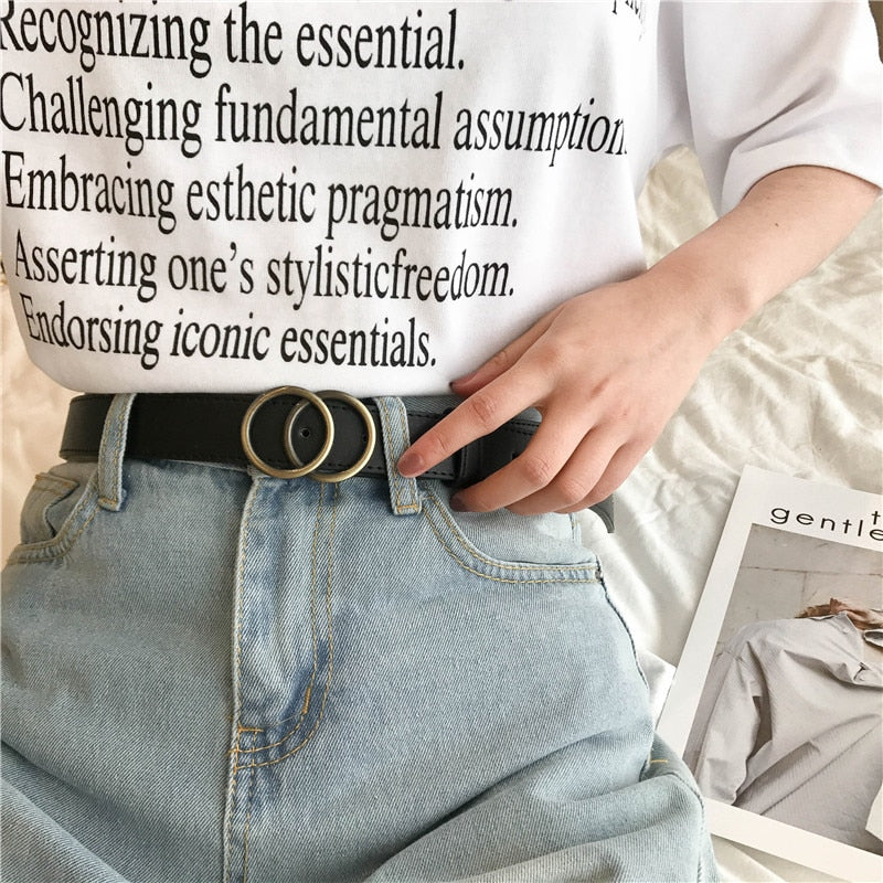 22 Styles Fashion Leather Women Belts Harajuku Gold Silver Double Round Buckle Waist Strap Trouser Jeans Female Waistband