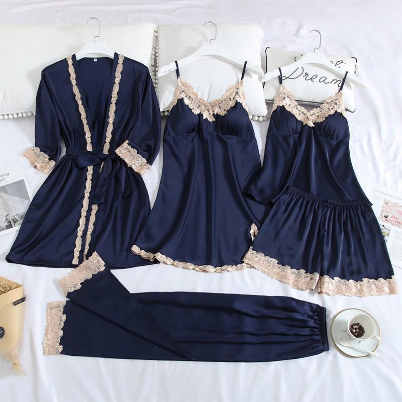 5PC Silk Robe Sleep Suit Womens Lace Satin Pajamas Gown Set V-Neck Cami Nighties Wear Pijama Home Nightwear Spring Nightdress