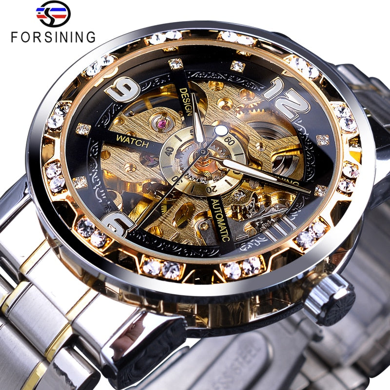 Forsining Fashion Diamond Golden Sliver Skeleton Mechanical Watch Stainless Steel Luminous Men Watches Sport Business Wristwatch