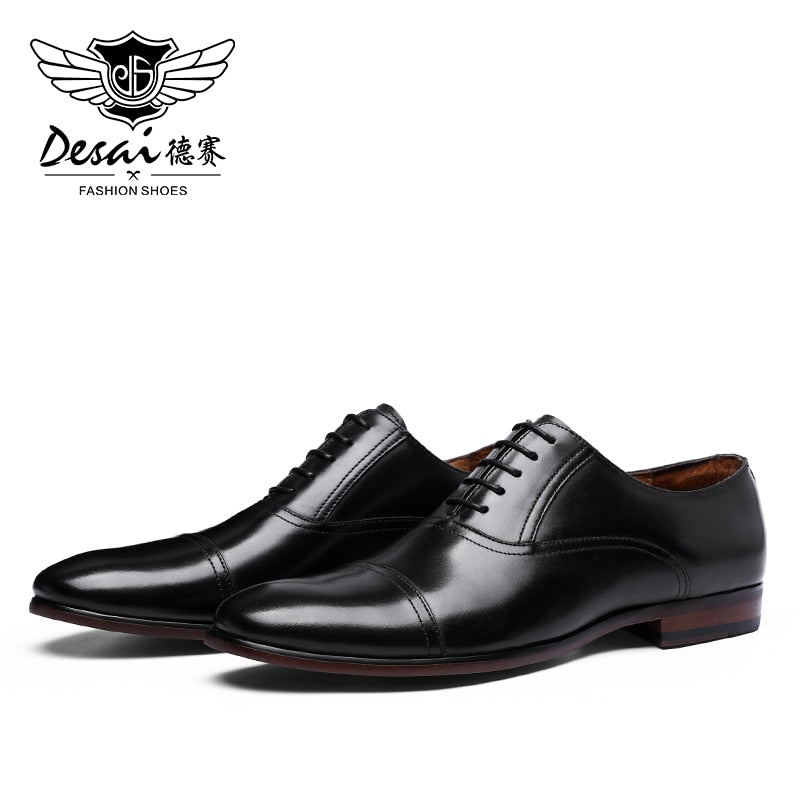 DESAI Brand Full Grain Genuine Leather Business Men Dress Shoes Retro Patent Leather Oxford Shoes For Men EU Size 38-47