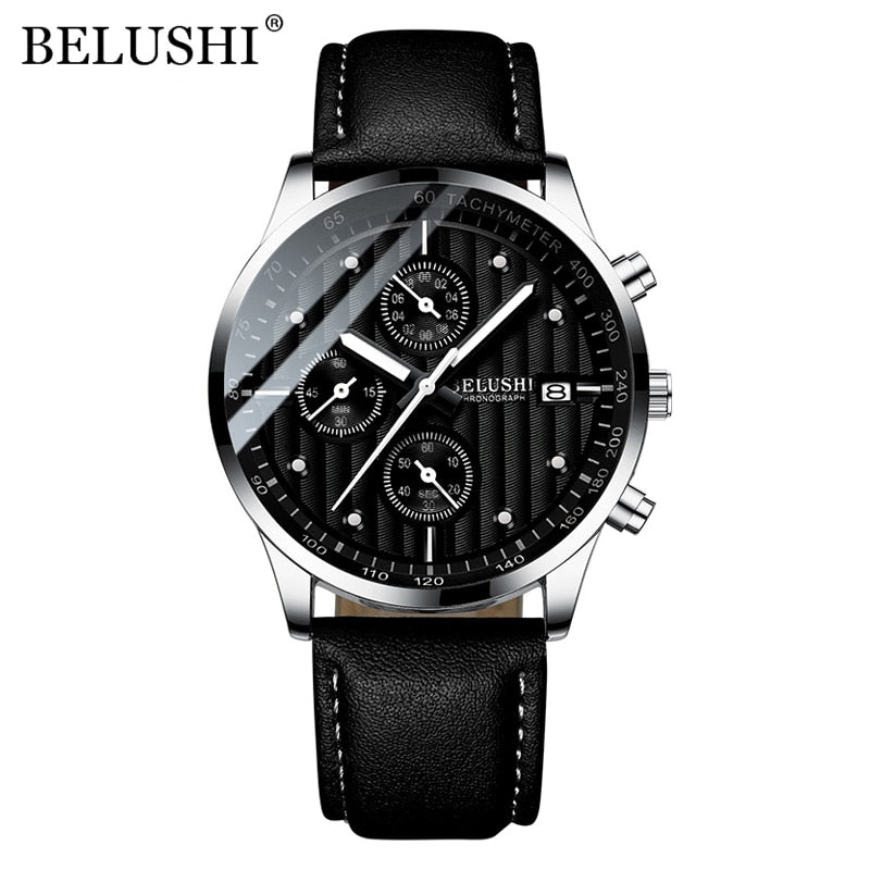 BELUSHI Fashion Leather Men Watches Chronograph Sport Quartz Watch Men Business Waterproof Luminous Wristwatch Relogio Masculino