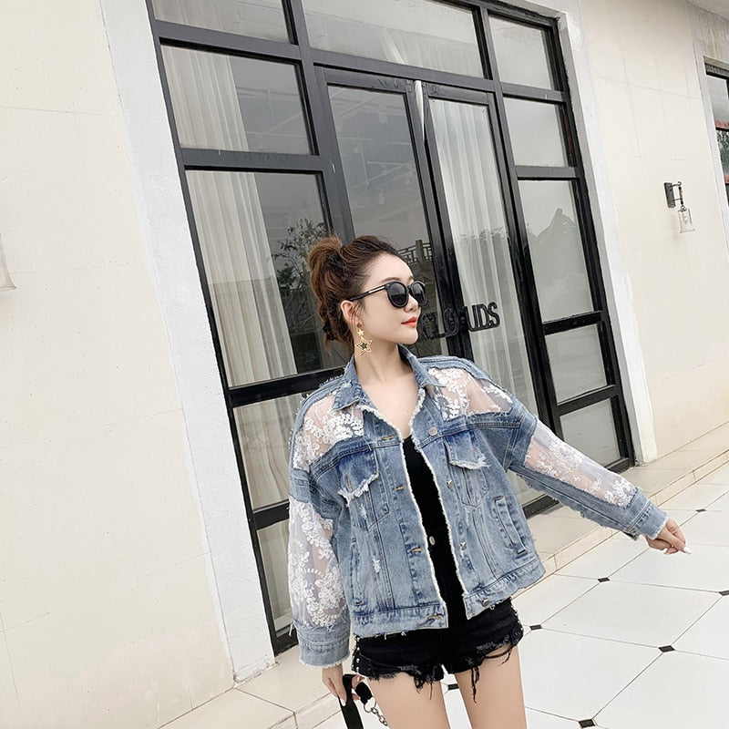 New Summer Long Sleeve Large Size Jeans Jackets Women's Coat Loose Lace Stitching Perspective Top Jacket Ladies Denim Coat